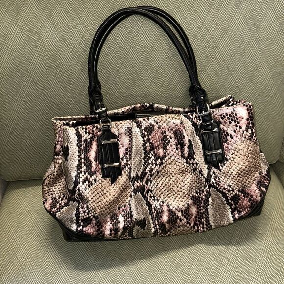 Simply Vera Black Tan Pink Shimmery Faux Leather Python Print Shopper Bag Purse - Picture 2 of 14